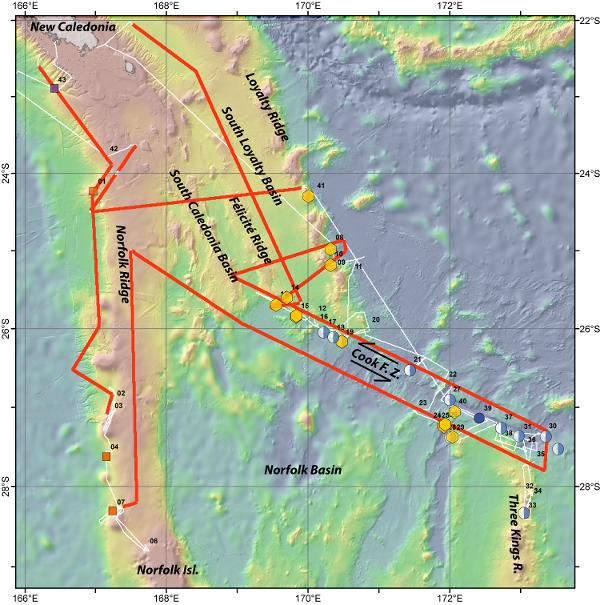 Figure 1 : Navigation de la campagne VESPA (en blanc) et profils sismiques (en rouge). Les symboles correspondent aux échantillons dragués et répertoriés sur les figures suivantes (Rapport de campagne VESPA 2016; Agranier et al., in prep.).